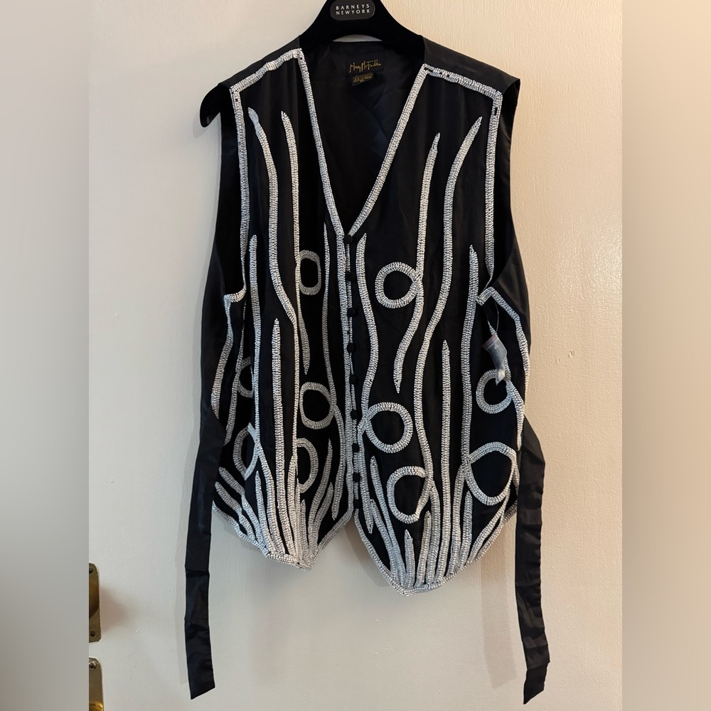New Vintage Mary Mcfadden Silk Black And White Beaded Vest Xl